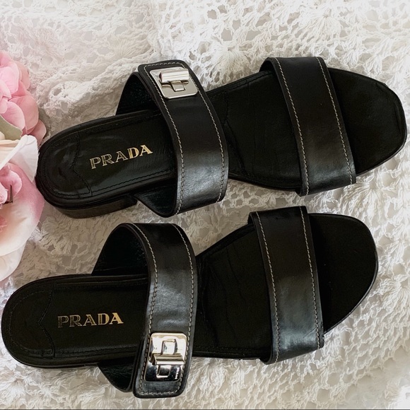 VINTAGE BLACK PRADA SLIP ON SLIDES LEATHER SANDALS WITH SILVER BUCKLE - Picture 2 of 16